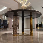 Yellow Velvet Dining Chair with Chinese Embroidered Back & Gold Stainless Steel Accents